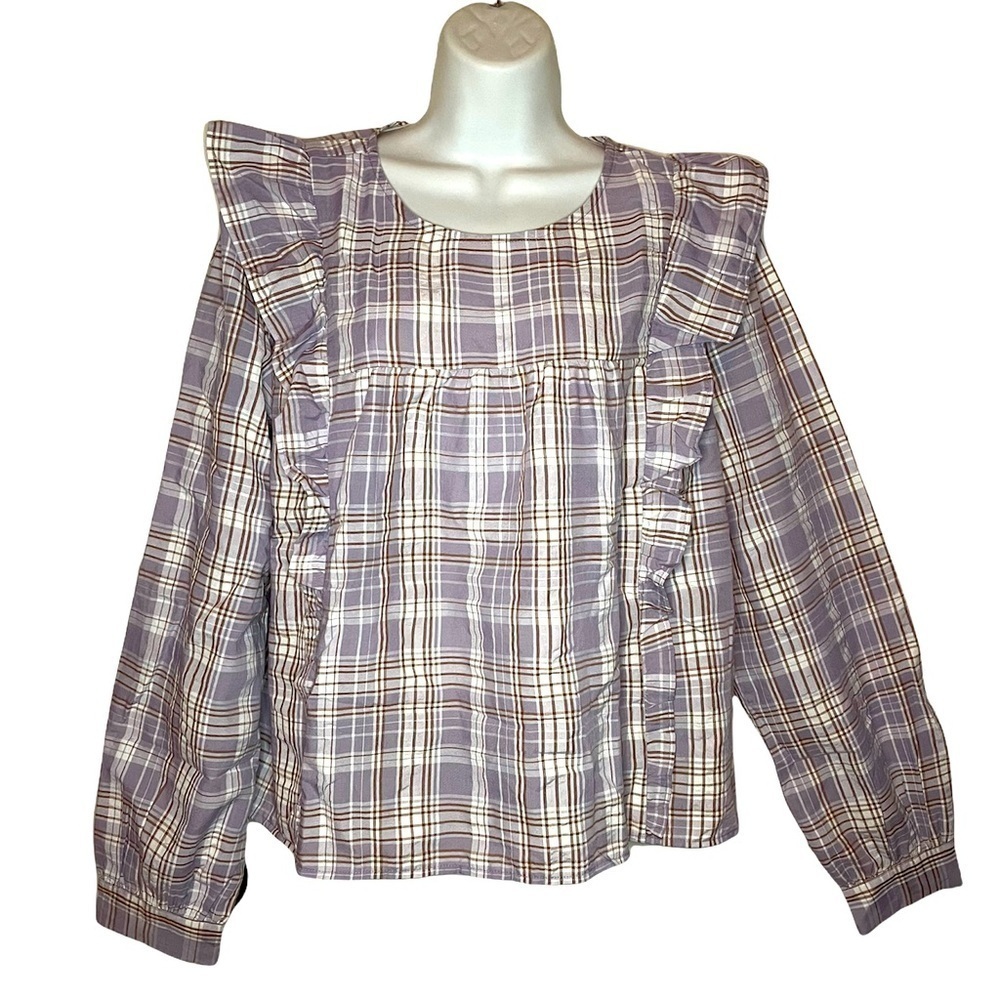 Ann Taylor LOFT peasant Frosted Lavender Plaid Ruffle Cropped Blouse